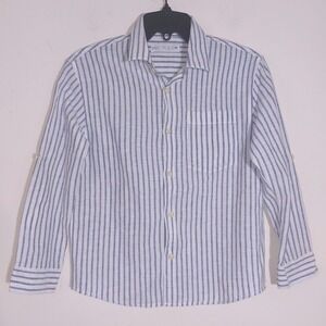ZARA Girls Blue White Stripe Linen Long Sleeve Button Up Shirt Size 8 EUC